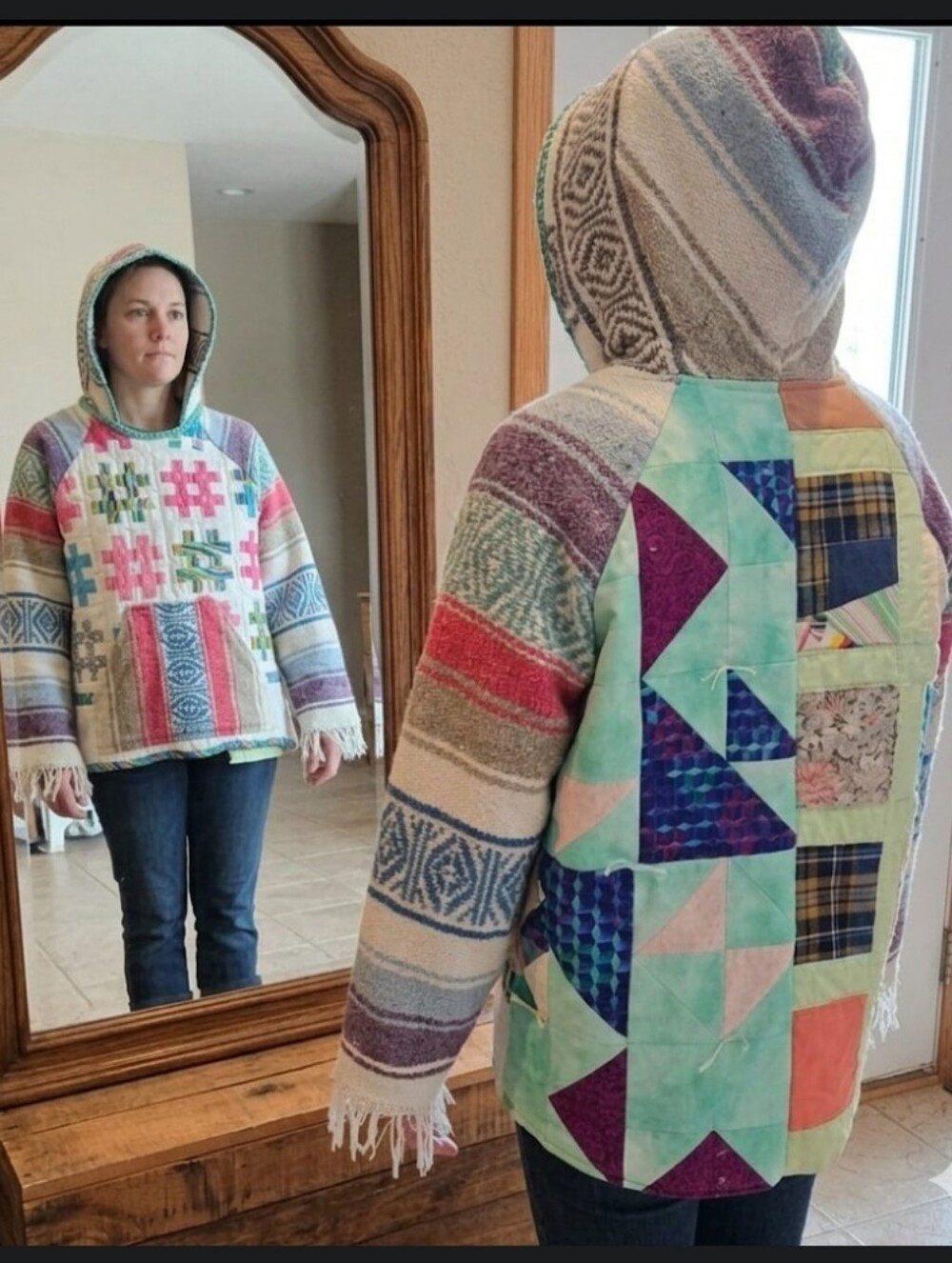 Upcycled Vtg Quilt Blanket Hoodie M "Tic Tac Toe" Dont Throw It Out